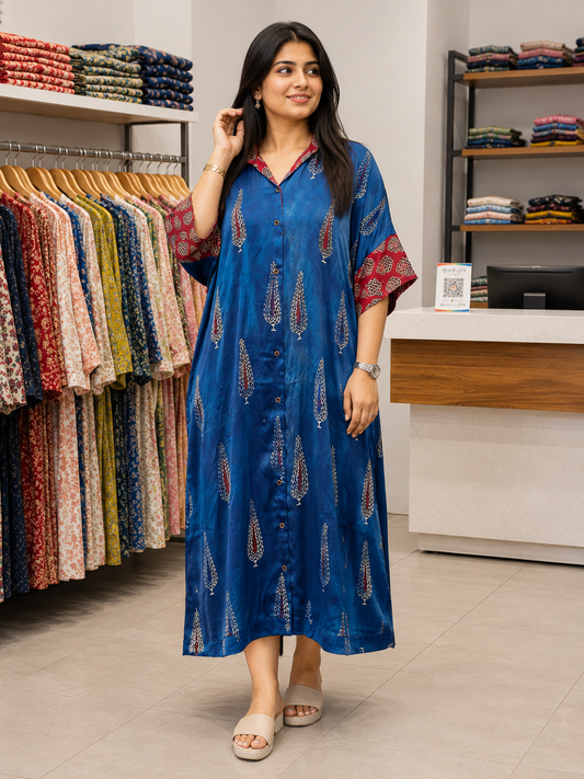 Ahaana Ajrakh Print Modal Silk Kaftan Dress