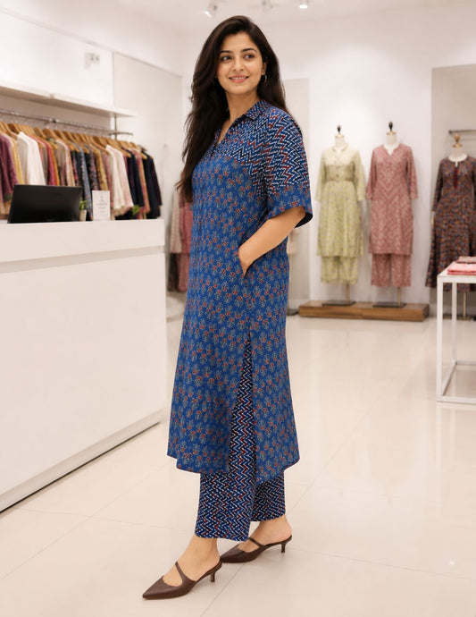 Almari Ajrakh Print Kurta Set with both side pocket