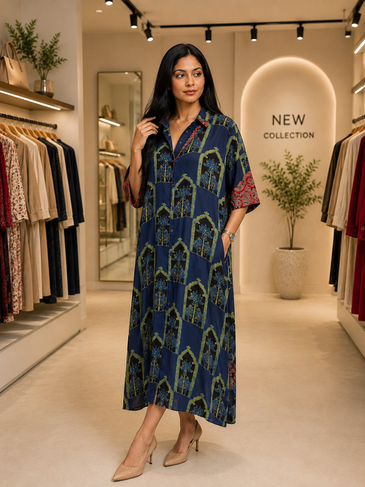Akshara ajrakh Print kaftan dress with both side pocket