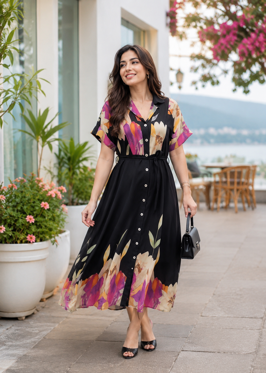 Suhaani Black Floral Dress with Pocket & Waist Belt