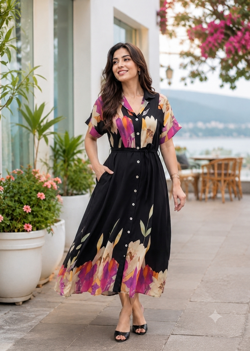 Suhaani Black Floral Dress with Pocket & Waist Belt