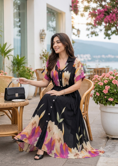 Suhaani Black Floral Dress with Pocket & Waist Belt