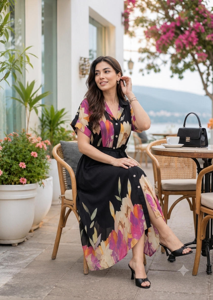 Suhaani Black Floral Dress with Pocket & Waist Belt