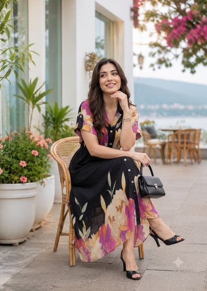 Suhaani Black Floral Dress with Pocket & Waist Belt