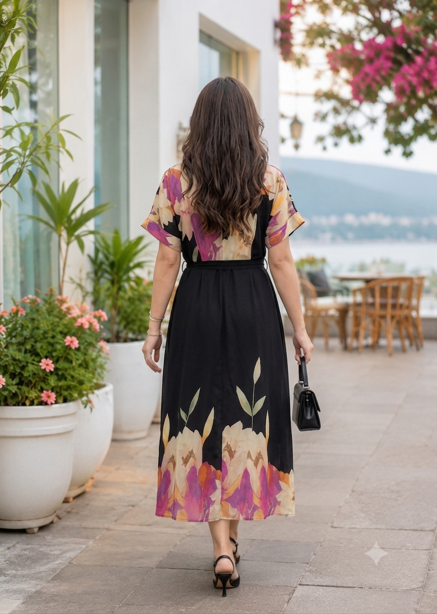 Suhaani Black Floral Dress with Pocket & Waist Belt
