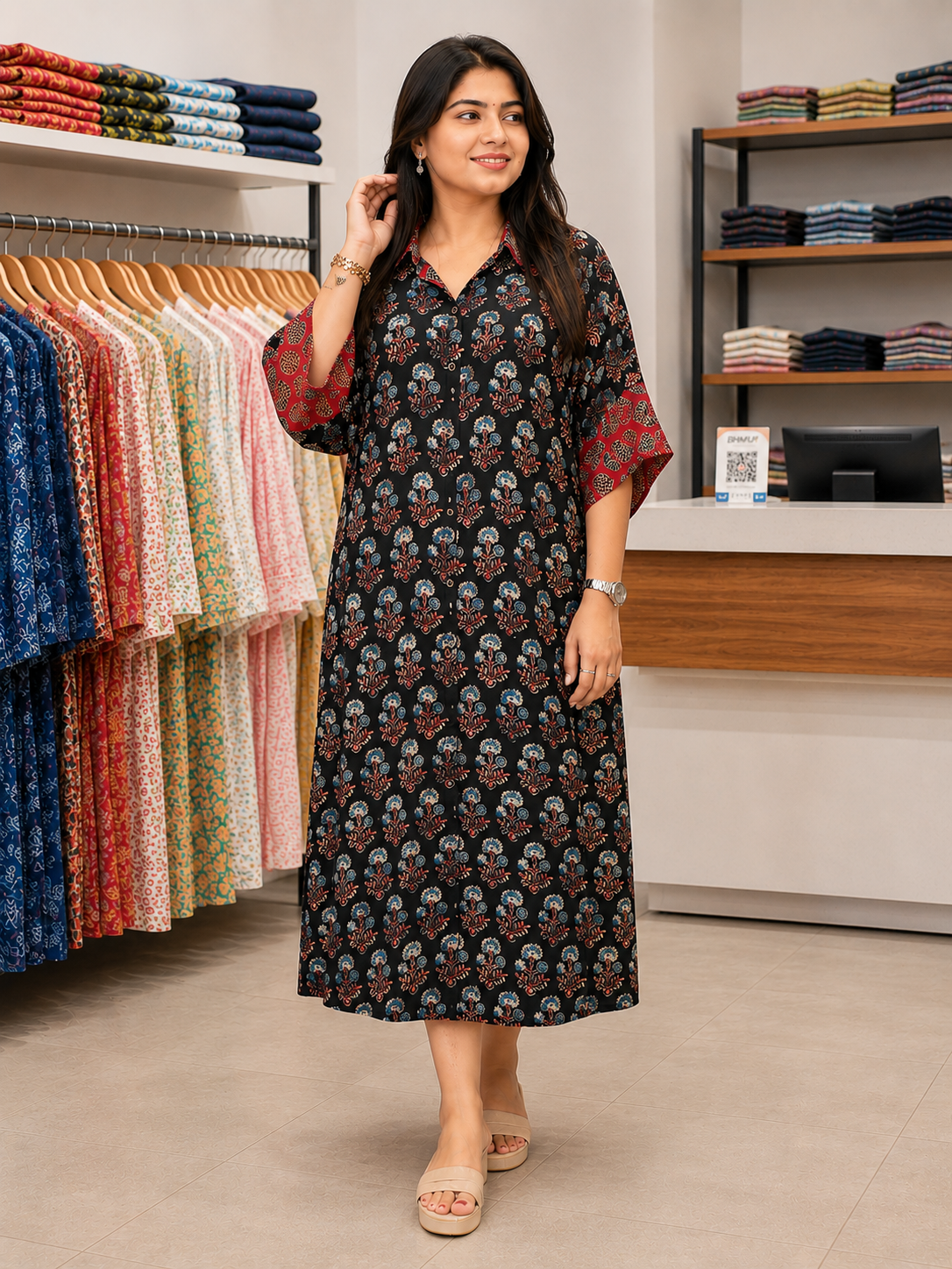 Ahaana Ajrakh Print Modal Silk Kaftan Dress