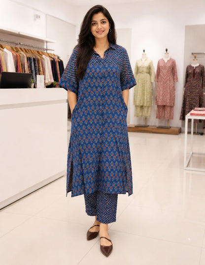 Almari Ajrakh Print Kurta Set with both side pocket