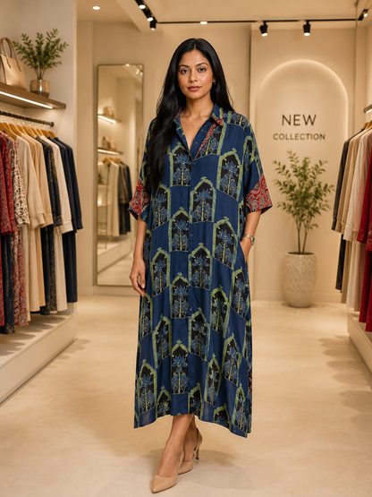 Akshara ajrakh Print kaftan dress with both side pocket