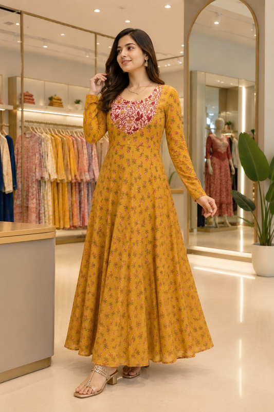 Ankita Cotton Anarkali Suit with Beautiful Yoke & Lace Detailing