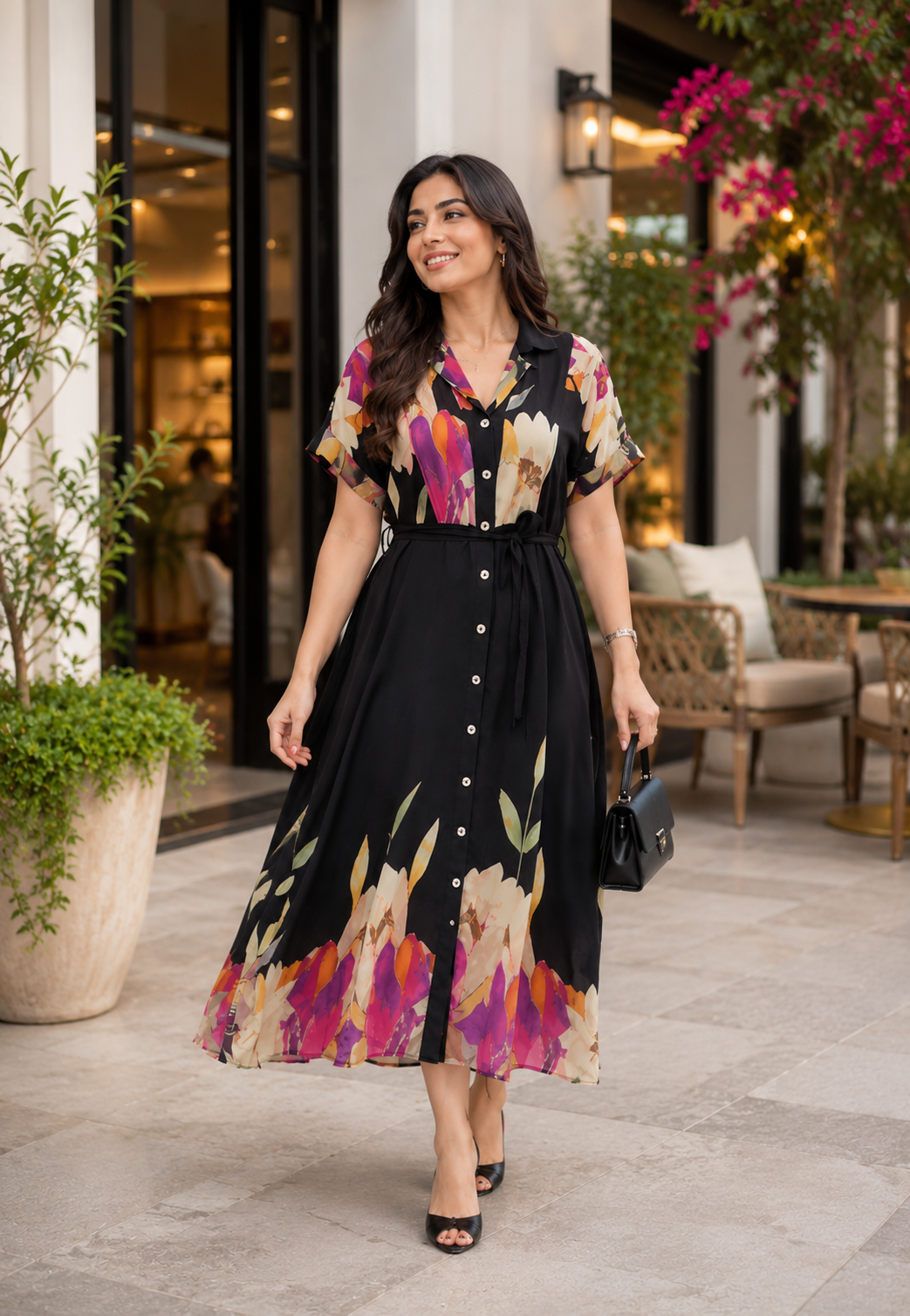 Suhaani Black Floral Dress with Pocket & Waist Belt