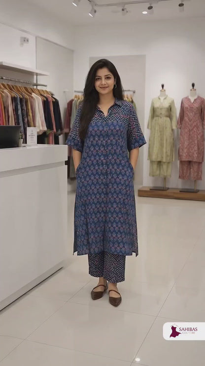 Almari Ajrakh Print Kurta Set with both side pocket