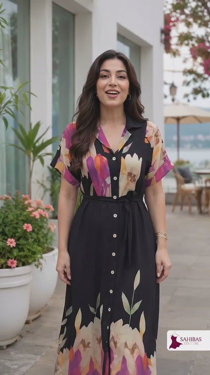 Suhaani Black Floral Dress with Pocket & Waist Belt